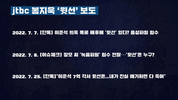 봉지욱 전 JTBC 기자는 이준석 전 국민의힘 대표의 성상납 증거인멸 교사 의혹 괄련 윤리위가 열리는 지난해 7월 7일부터 세 차례에 걸쳐 '윗선' 보도를 했다.