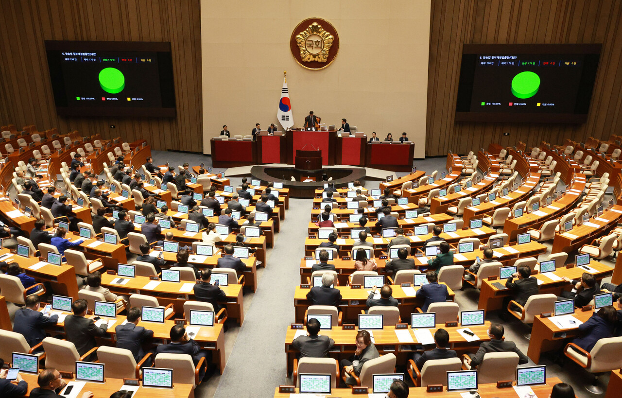 지난 9일 국회 본회의에서 방송법 일부개정법률안(대안)이 가결되고 있다.