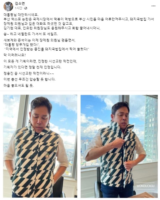 김소연 전 국민의힘 유성을당협위원장이 올린 페이스북 글. 정용진 신세계 부회장의 과거 인스타 사진을 함께 게시하기도 했다. /사진 = 김소연 페이스북