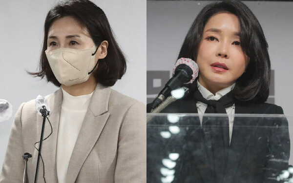 대선기간 대국민앞에서 사과하는 이재명 대표 아내 김혜경씨(왼쪽)과 김건희 여사(오른쪽, 당시 일반인 신분)