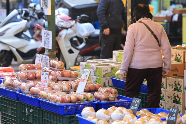 ▲ 2일 오후 서울 용산용문시장 한 과일가게에서 시민이 사과와 배 등 과일류를 살피고 있다. (사진제공=연합뉴스)