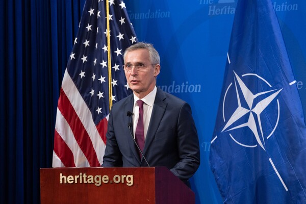  옌스 스톨텐베르그 나토 사무총장이 31일(현지시간) 미 보수 성향 싱크탱크 헤리티지재단에서 연설하고 있다(연합뉴스)