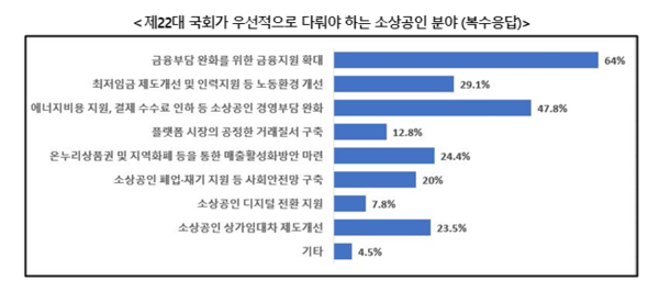 ▲ 제22대 국화가 우선적으로 다뤄야 하는 소상공인 분야 (자료제공=소상공인연합회)