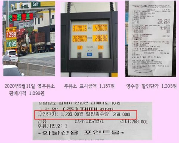 제때의 직영주유소 은근 주유소의 리터당 경유 판매 가격 1099원(좌측), 직영주유소 리터당 경유 판매 가격 1157원(중간), 실제 영수증에 찍힌 리터당 경유 가격 1203원 (우측)