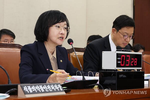 국정감사에 출석해 의원 질의에 대답하는 오유경 식약처장(사진=연합뉴스)