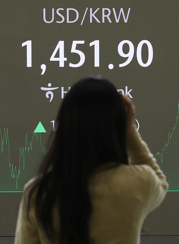 19일 오후 서울 중구 하나은행 본점 딜링룸 현황판에 원/달러 환율이 표시돼 있다