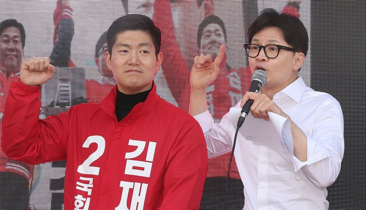 2024년 4월 4일 국민의힘 한동훈 비상대책위원장이 도봉구 창동에서 김재섭 후보 지원유세를 하고 있다.