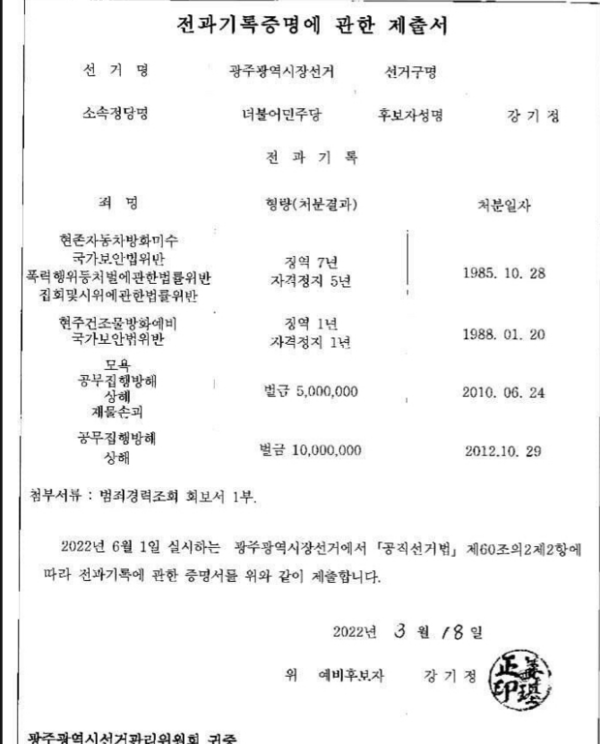 강기정 광주시장의 전과기록증명