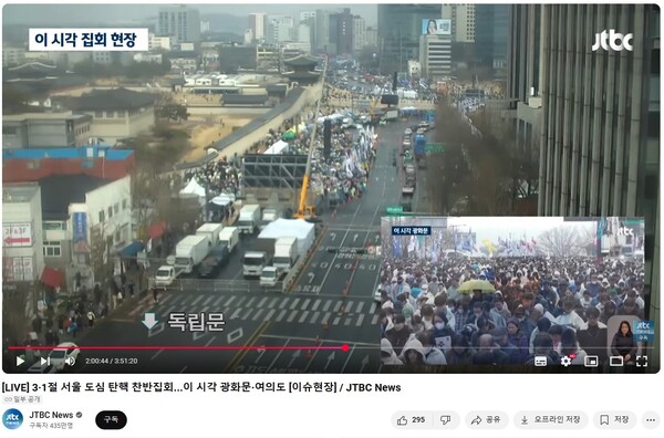 지난 1일 JTBC가 송출한 '[LIVE] 3·1절 서울 도심 탄핵 찬반집회...이 시각 광화문·여의도 [이슈현장]/JTBC News'의 한 장면. JTBC는 작은 화면으로는 탄핵 찬성집회와 오디오를 송출하면서 배경으로는 탄핵반대 집회를 보여주는 CCTV를 깔았다. 배경은 탄핵찬성 집회. /출처 = JTBC 유튜브 캡처