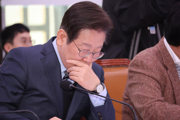 24일 서울 여의도 국회에서 미국 에너지부가 한국을 민감국가로 지정한 문제와 관련 현안질의 등을 위해 열린 외교통일위원회 전체회의에서 더불어민주당 이재명 대표가 자료를 살펴보고 있다(연합뉴스)