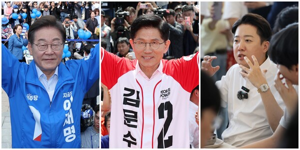 16일 전북 익산, 경기 수원, 충남 천안에서 각각 유세하는 더불어민주당 이재명(왼쪽부터)·국민의힘 김문수·개혁신당 이준석 대선 후보(연합뉴스)