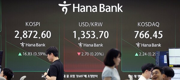 코스피가 오름세로 출발한 10일 서울 중구 하나은행 딜링룸 스크린에 지수가 표시돼 있다. @연합뉴스