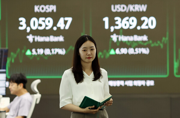 코스피가 5.19p(0.17%) 오른 3059.47에 장을 마감한 7일 서울 하나은행 본점 딜링룸의 모습 [사진=연합뉴스]