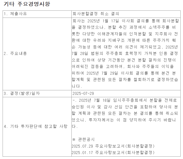 하나마이크론 인적분할 결정 철회 공시 내용(금융감독원 전자공시시스템)