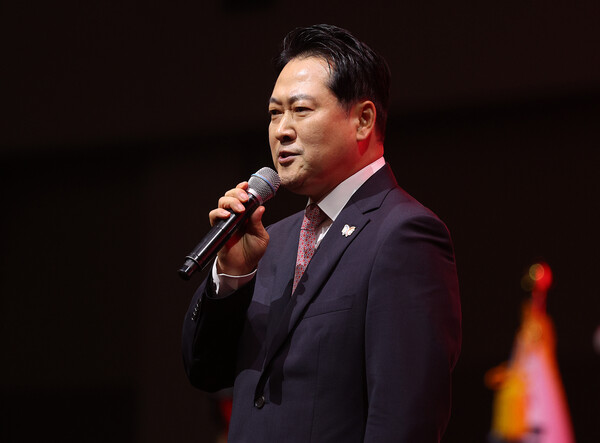 국민의힘 장동혁 당대표 후보가 지난 8일 대구 북구 엑스코에서 열린 국민의힘 제6차 전당대회 대구·경북 합동연설회에서 정견 발표를 하고 있다. [연합뉴스]