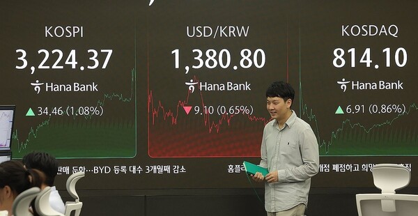 13일 오후 서울 중구 하나은행 딜링룸에서 딜러들이 업무를 보고 있다. @연합뉴스