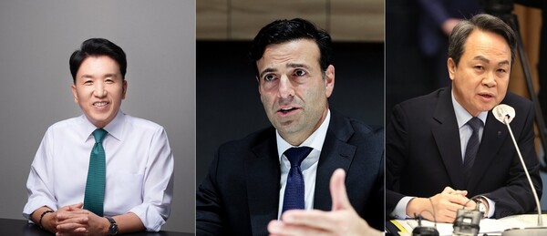 (왼쪽부터) 함영주 하나금융지주 회장, 히스 타버트 서클 총괄사장 , 진옥동 신한금융그룹 회장 ＠연합뉴스