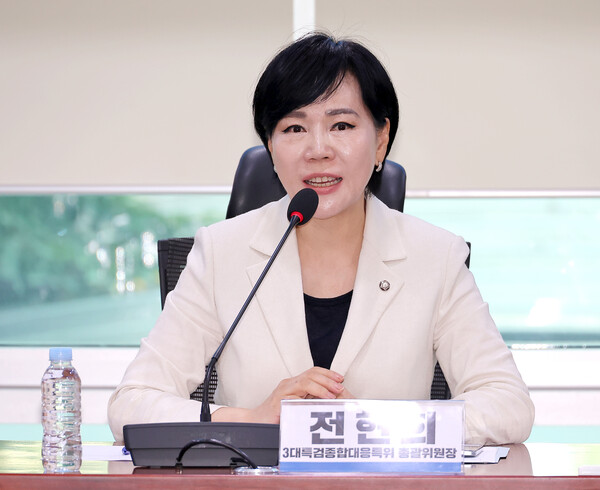 15일 서울 여의도 국회 의원회관에서 열린 민주당 3대특검 종합대응특위-김건희특검TF 간담회에서 전현희 특위 총괄위원장이 발언하고 있다. [연합뉴스]