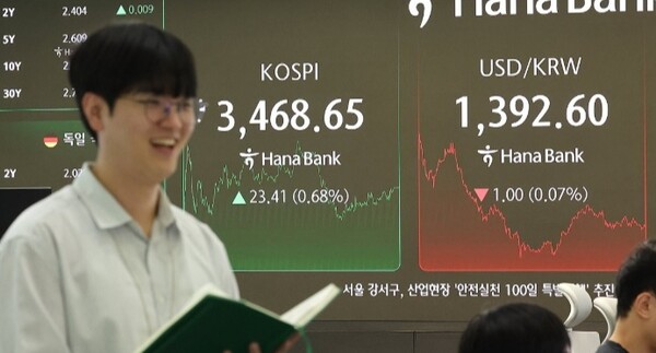 22일 서울 중구 하나은행 딜링룸에 지수가 표시돼 있다. ＠연합뉴스