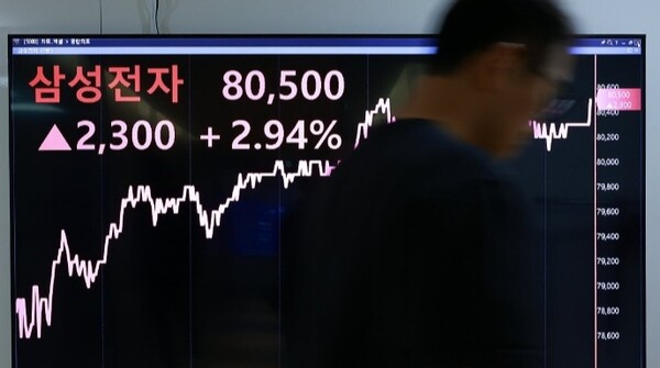 삼성전자 주가가 8만원을 돌파한 지난 18일 서울 종로구 연합인포맥스에 설치된 모니터에 삼성전자 주가가 표시돼 있다. ＠연합뉴스