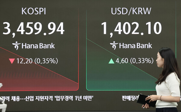 25일 오전 서울 중구 하나은행 본점 딜링룸 현황판에 코스피 및 환율 지수가 표시되고 있다. 이날 코스피는 하락 출발해 장 초반 3,460대로 밀려났다(연합뉴스)