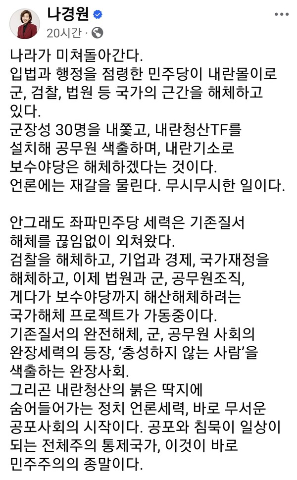 나경원 의원, "범죄자 대통령 때문에 나라가 무너진다"며 '국가 해체'라는 충격적인 경고 발표/ 출처=나경원 페이스북