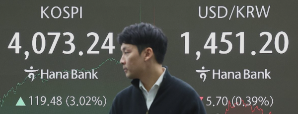 10일 오후 서울 중구 하나은행 본점 딜링룸 현황판에 코스피 지수와 원/달러 환율이 표시돼 있다.(사진=연합뉴스)