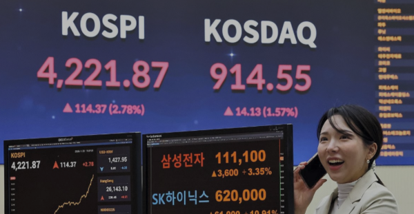 3일 서울 영등포구 한국거래소 홍보관 전광판에 코스피 지수 등이 표시되고 있다. 이날 코스피 사상 첫 4221.87 마감했다. (사진=연합뉴스)