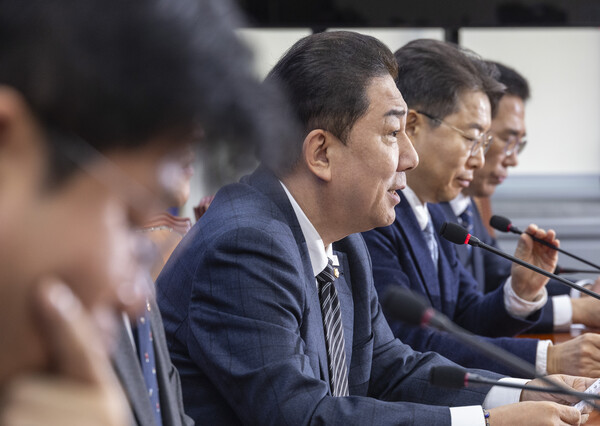 더불어민주당 김병기 원내대표와 원내지도부들이 20일 국회에서 열린 정책조정회의에서 발언하고 있다. [연합뉴스]