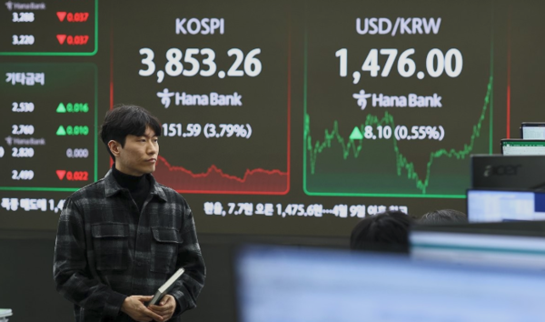 코스피가 전장보다 151.59포인트(3.79%) 하락한 3,853.26에 장을 마친 21일 서울 하나은행 본점 딜링룸에서 딜러들이 업무를 보고 있다. 원/달러 환율은 15:30 종가 기준 7.7원 오른 1,475.6원을 기록했다.(사진=연합뉴스)