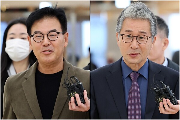 '여론조사 대납 의혹' 특검 출석하는 강철원 전 부시장(좌)과 사업가 김한정 씨 [연합뉴스]