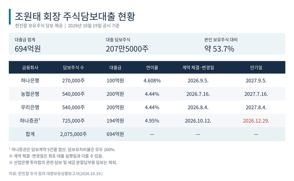 [쩐의흔적] 조원태 한진칼 회장, 보유주식 절반 넘게 맡기고 694억원 대... - 뉴스 썸네일 이미지